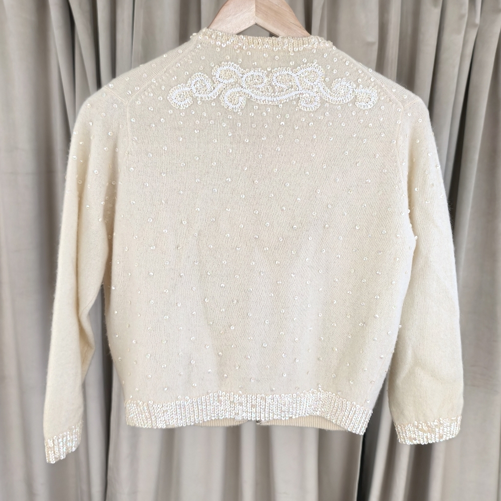Vintage Wool and Rabbit Hair Cream Cardigan with Sequins Embellishments - Picture 6 of 8